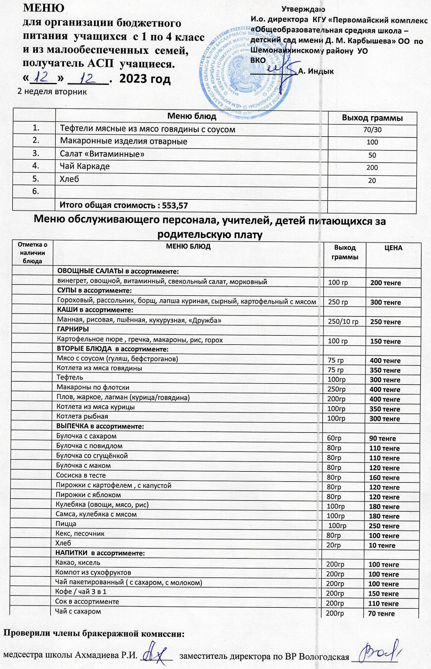 Меню на 12 декабря 2023 г