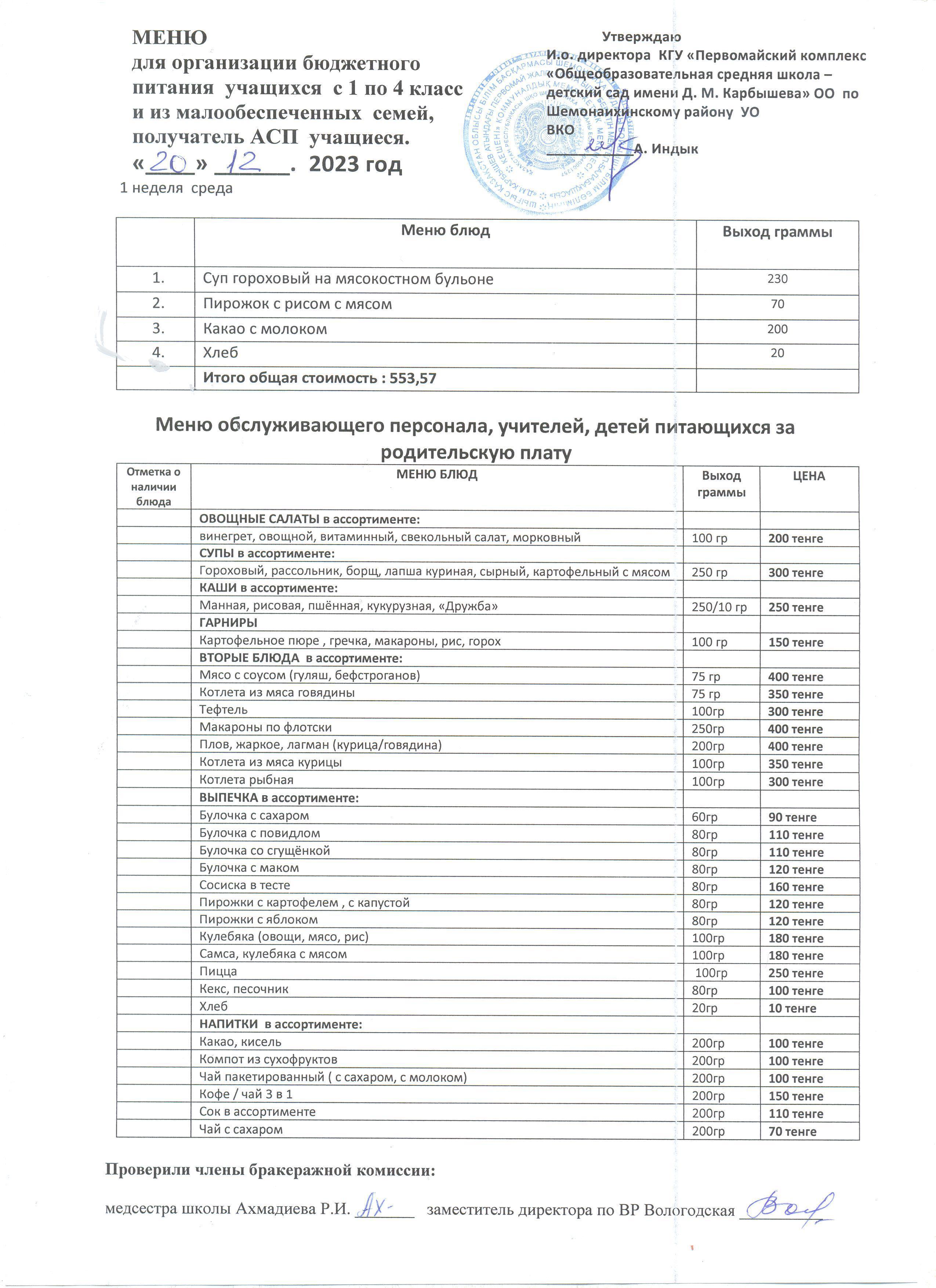 Меню на 20 декабря 2023 г