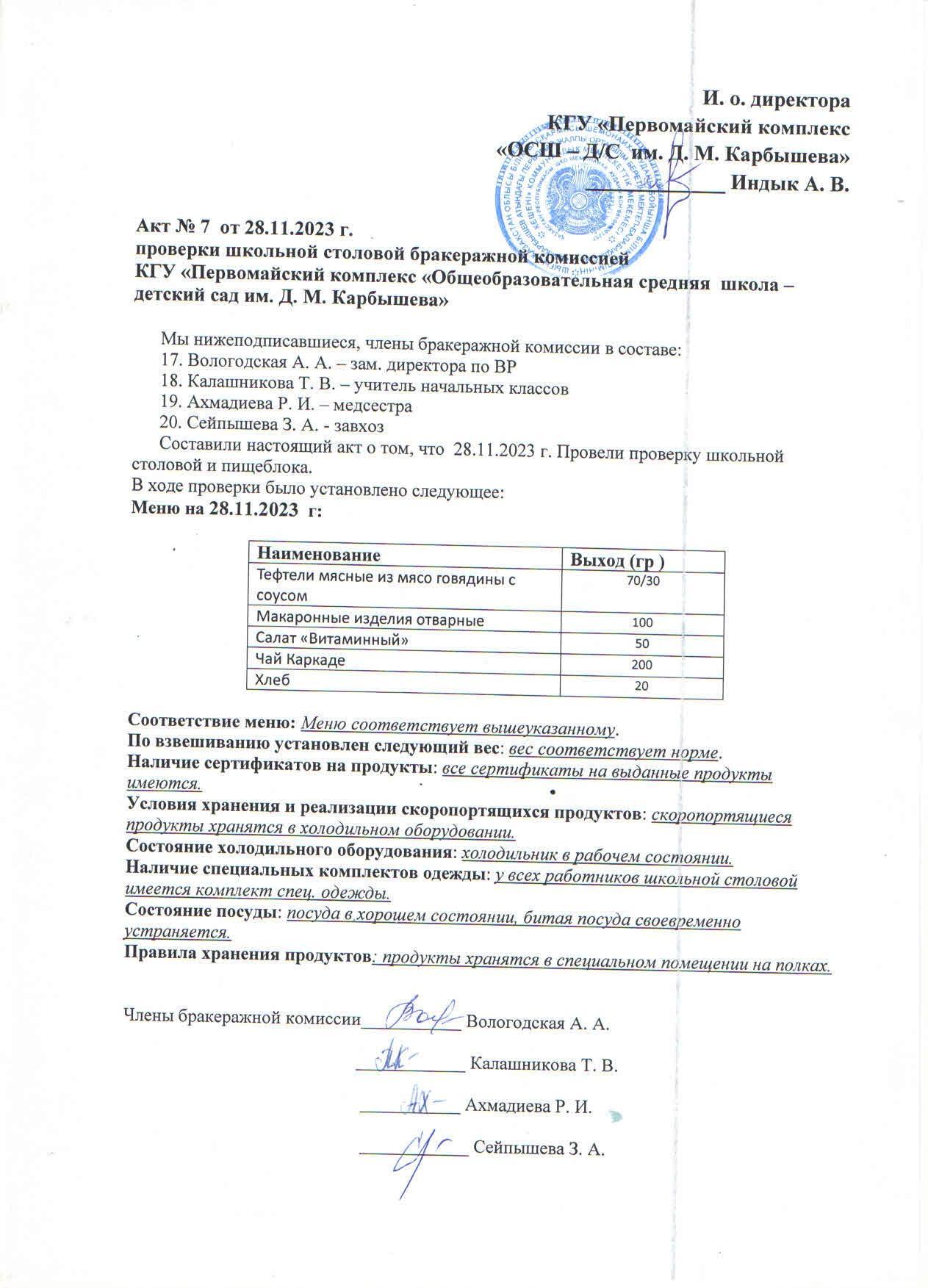 Акт проверки бракеражной комиссией