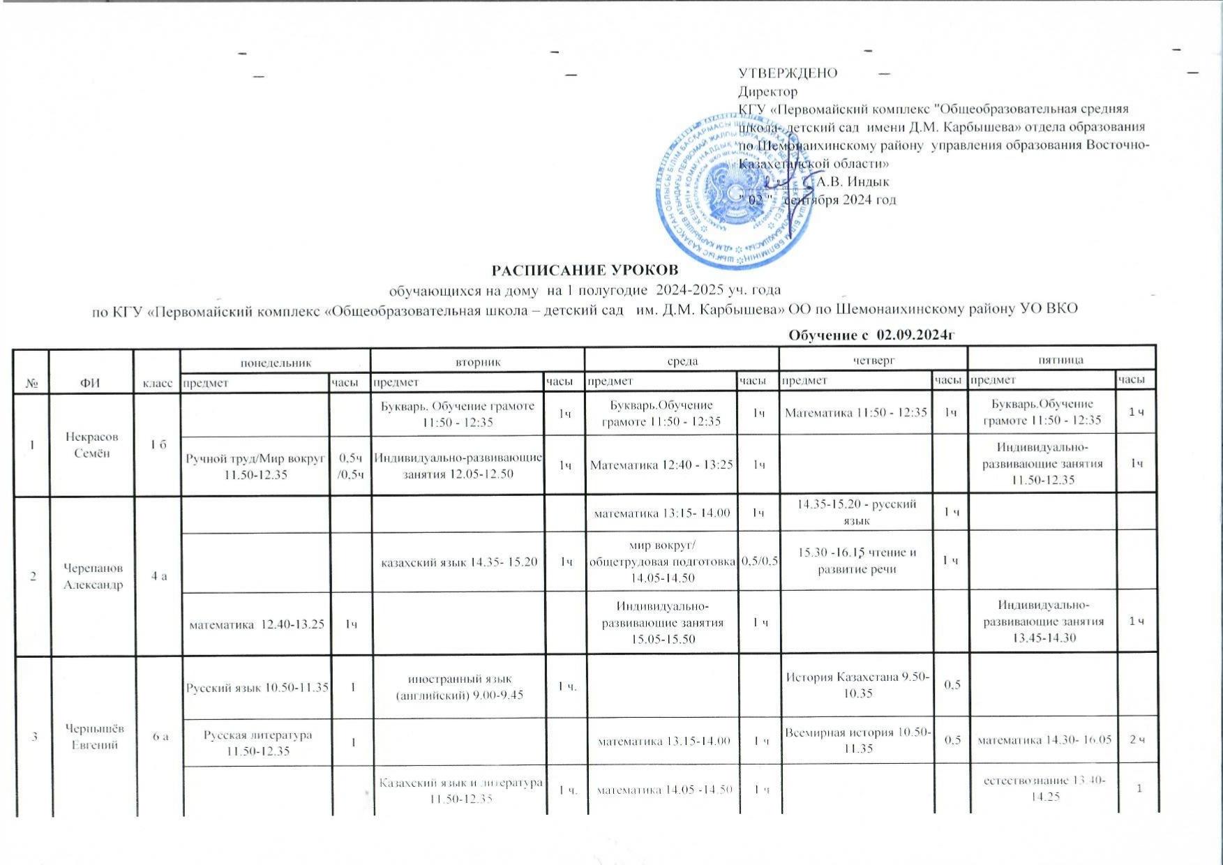 Расписание занятий обучение на дому на 24-25 уч год