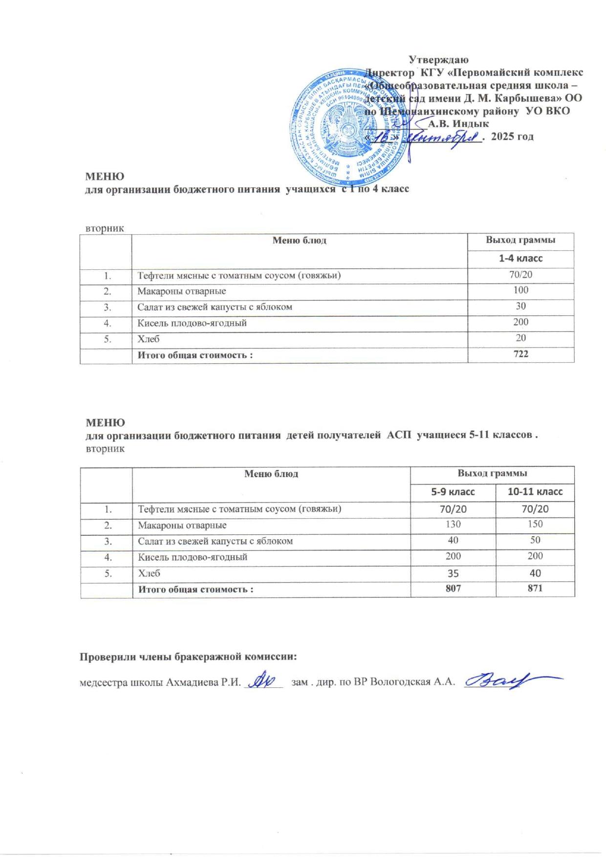 Меню на 16 сентября 2025