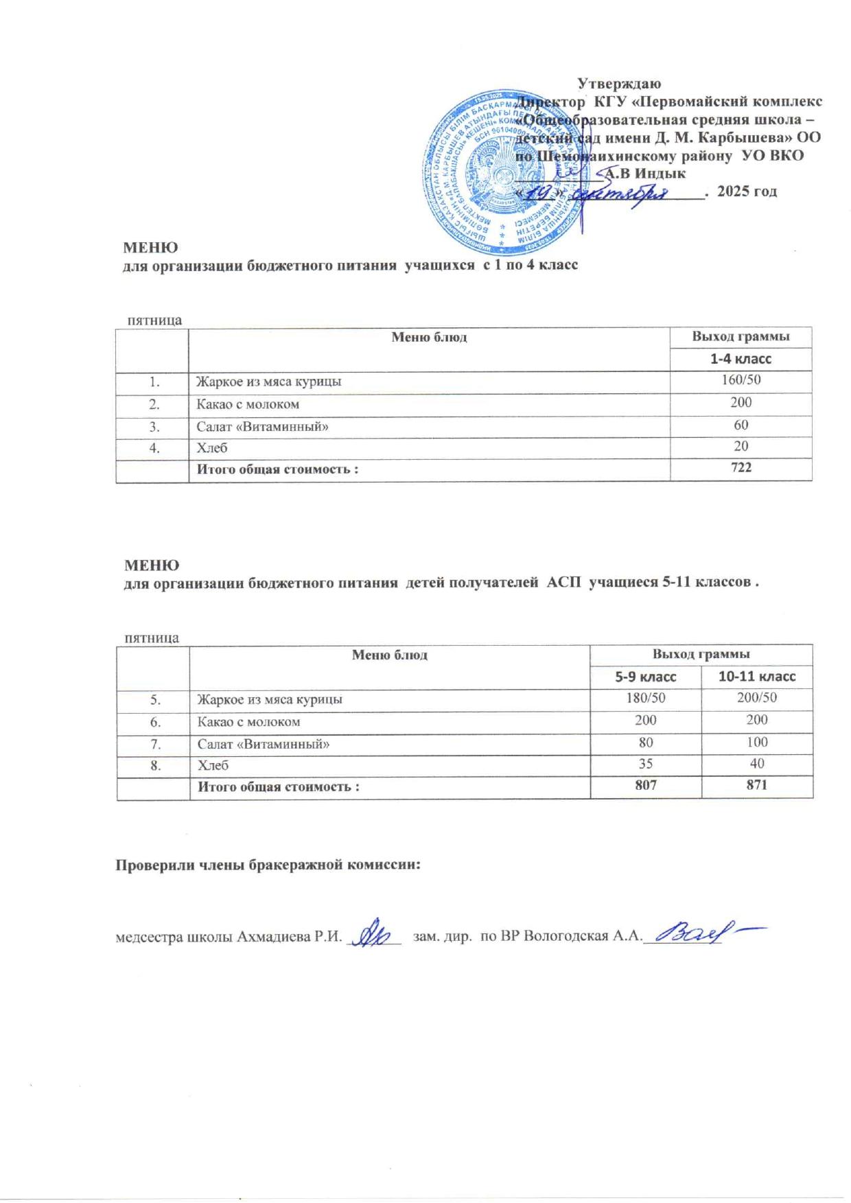 Меню на 19 сентября 2025