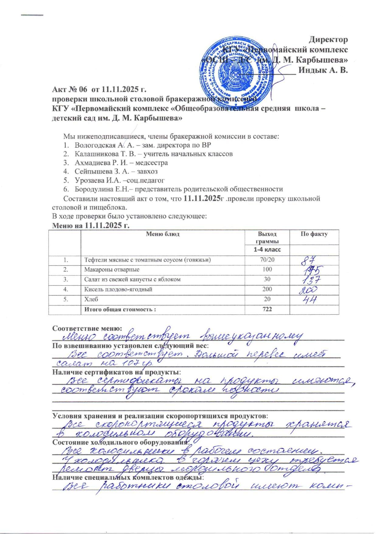 Акт проверки бракеражной комиссией