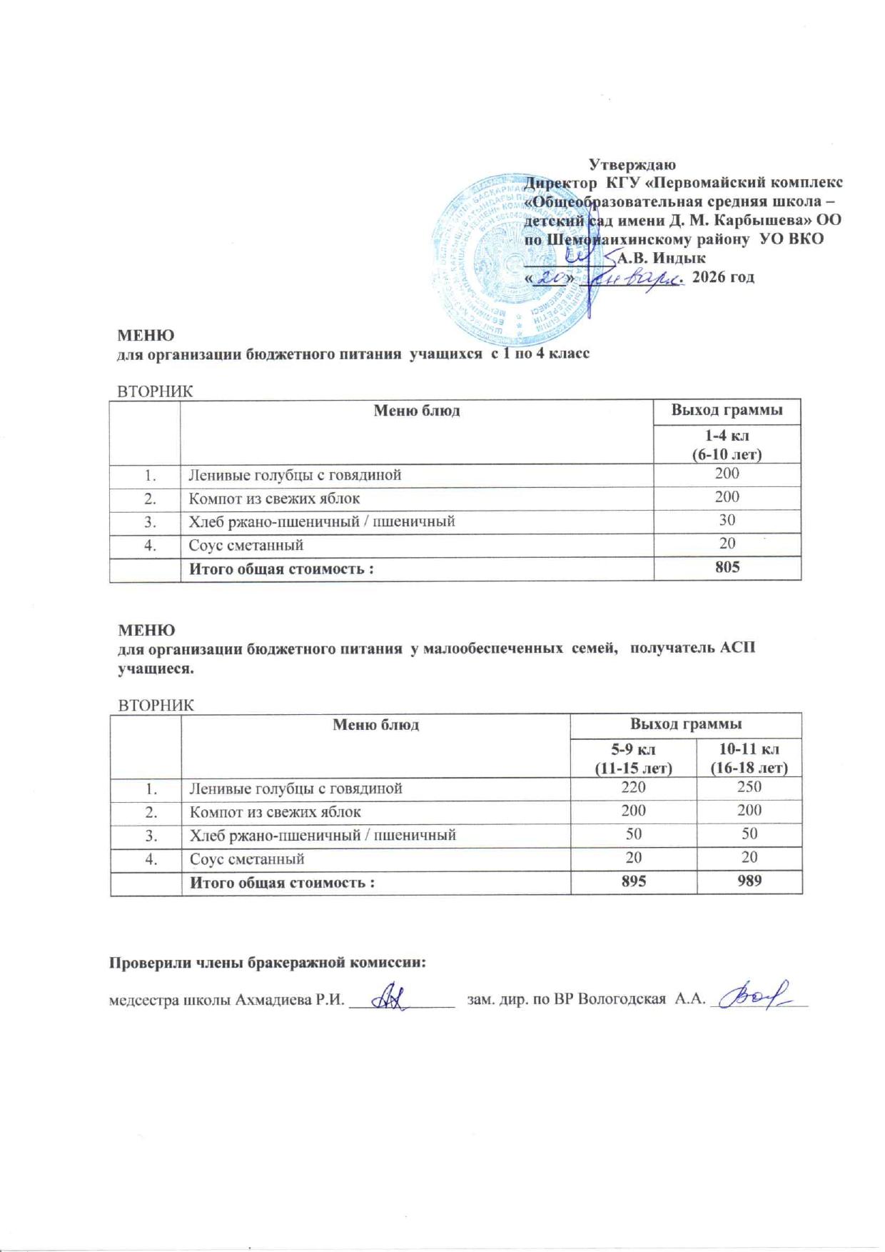 Меню на 20 января 2026