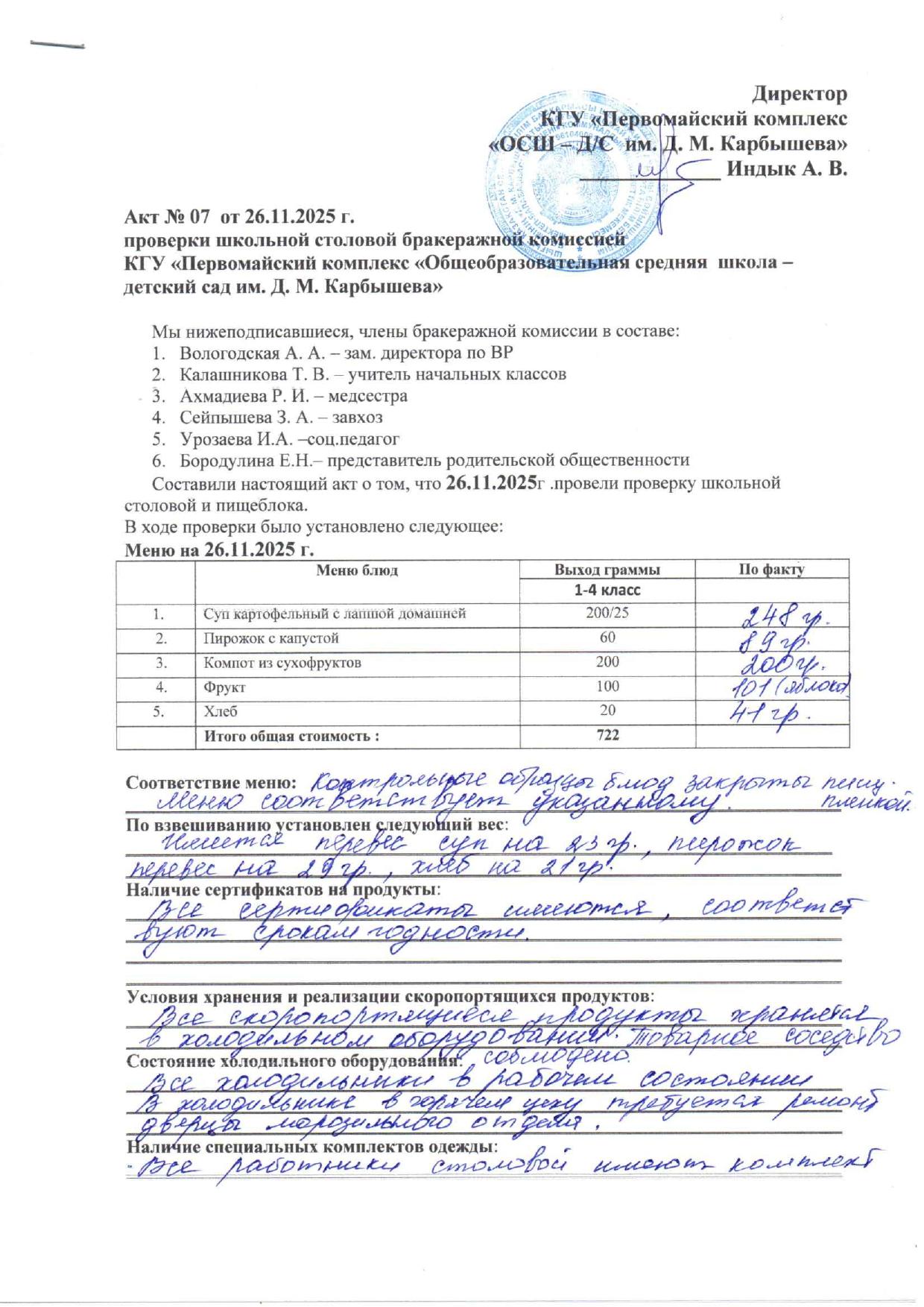 Акт проверки бракеражной комиссией