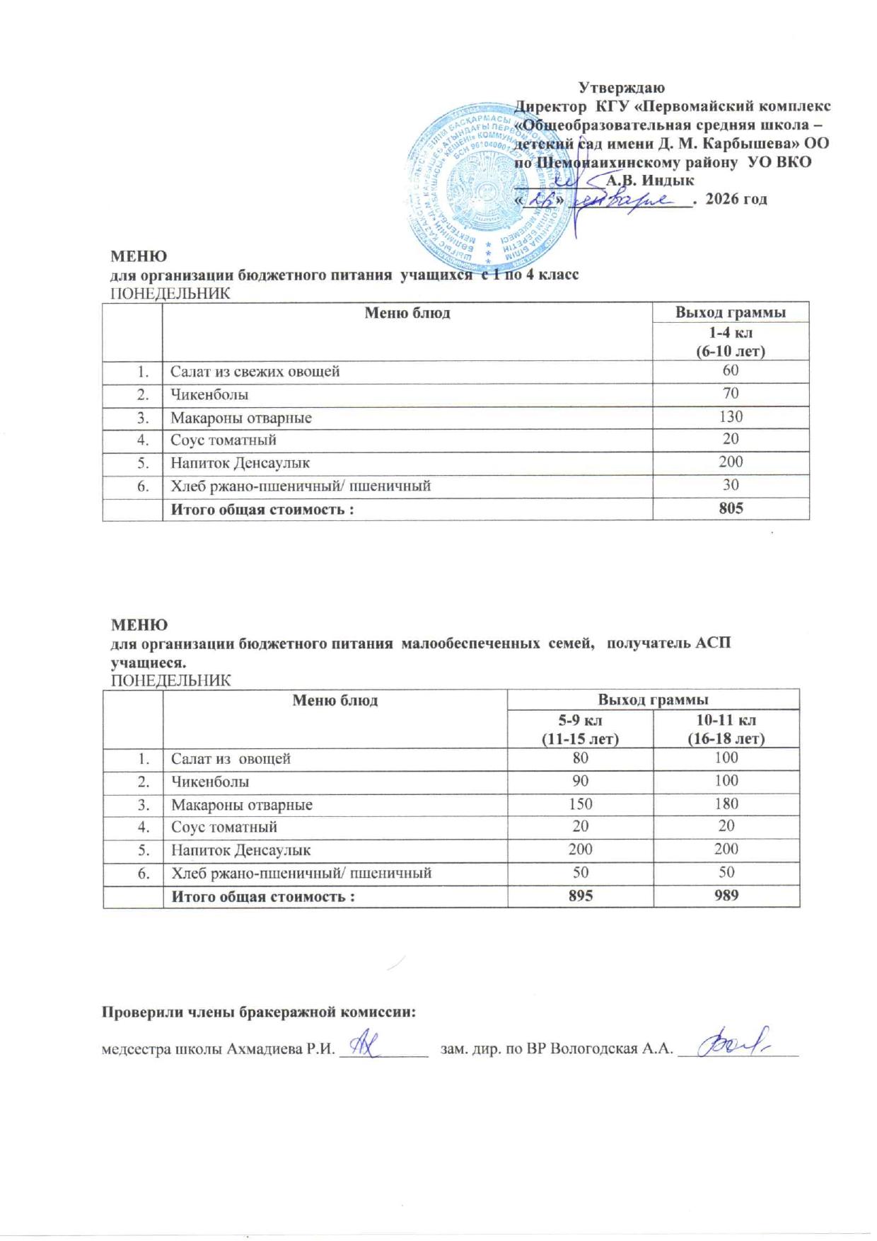 Меню на 26 января 2026