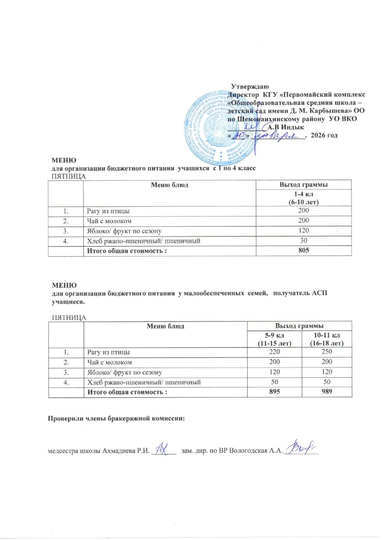 Меню на 30 января 2026