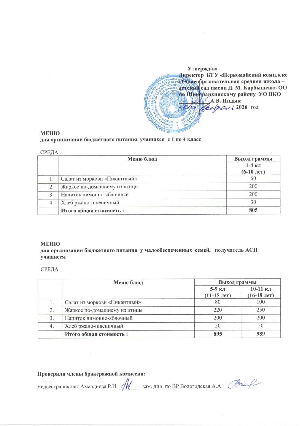 Меню на 04 февраля 2026