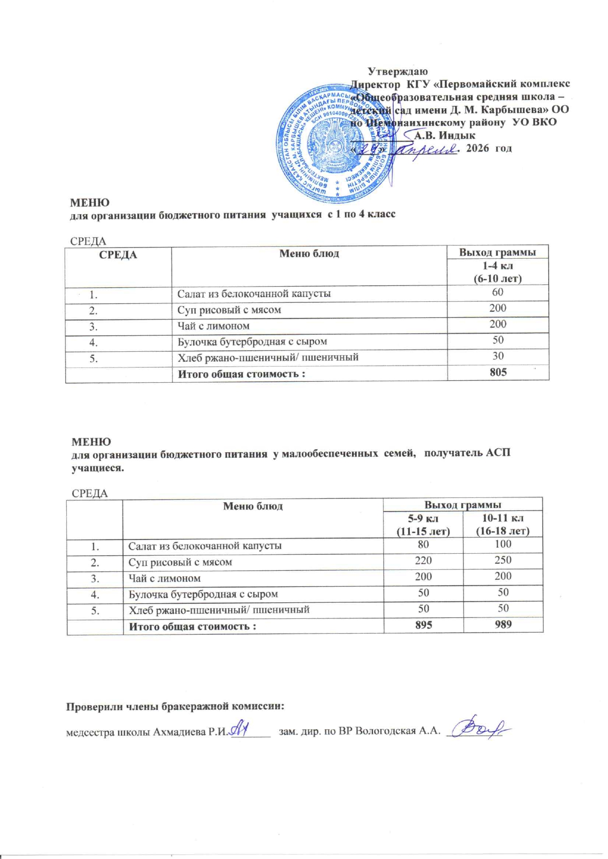 Меню на 29 апреля 2026