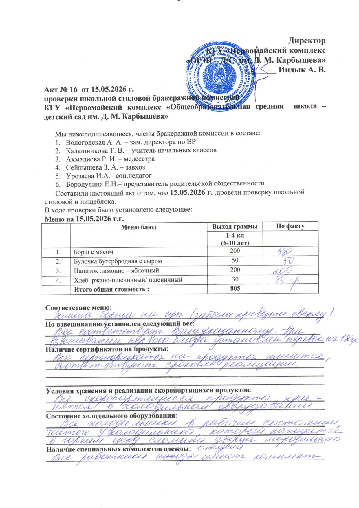 Акт проверки бракеражной комиссией